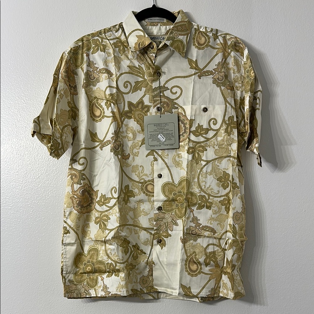 Bamboo Cay Hawaiian Button Up Shirt Mens Beige Floral Sateen Resort Wear